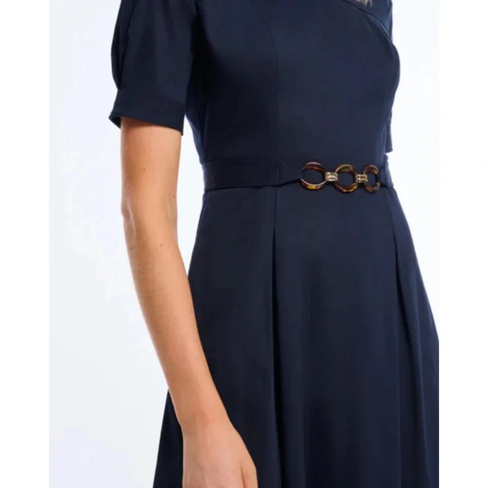 $398 Shoshanna Castell Cotton Cheryl Dress Navy Midi A-Line Chain Belt Pockets 4 - Picture 4 of 9